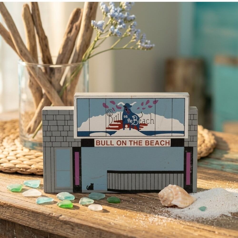 Vintage "Bull on the Beach" Cat’s Meow Village Wooden Shelf Sitter | 1994 Signed